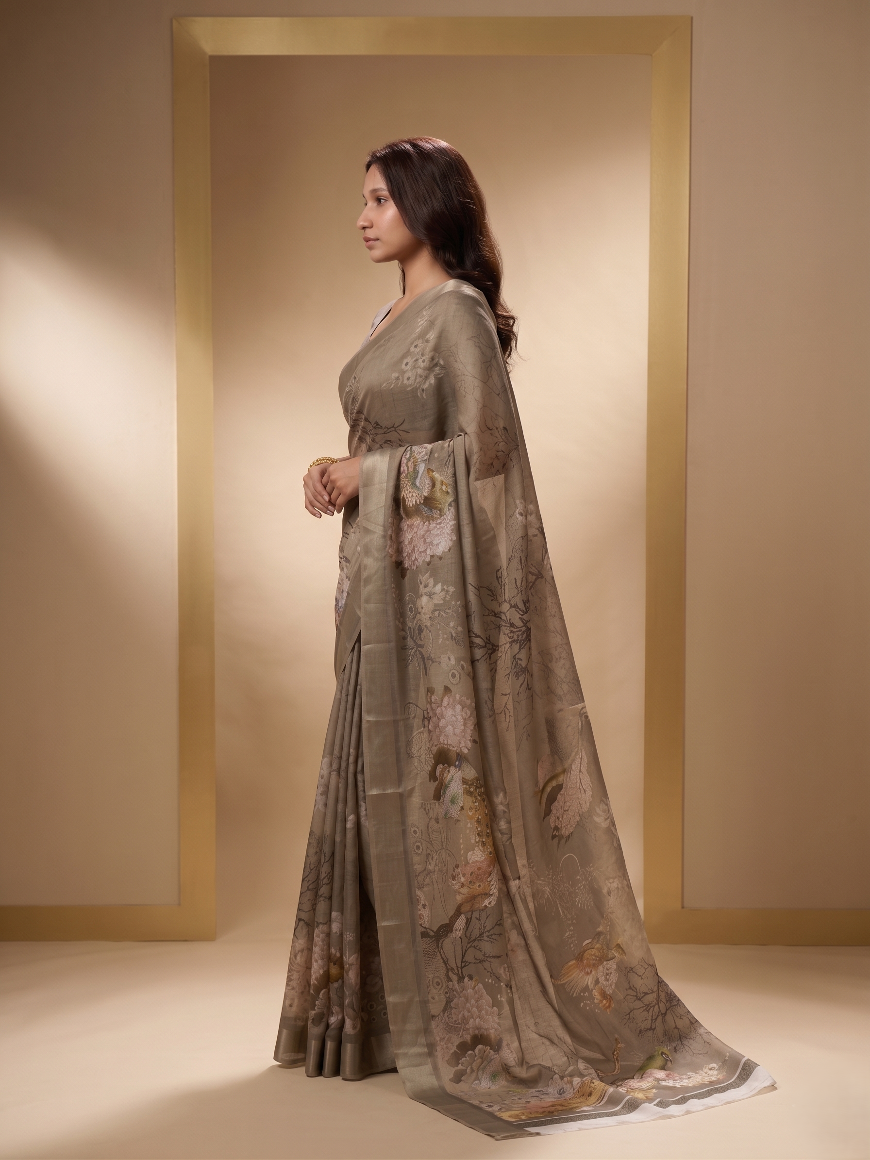 Elegant Dull Moss Satin Saree with Detailed Vintage Peacock and Botanical Digital Print