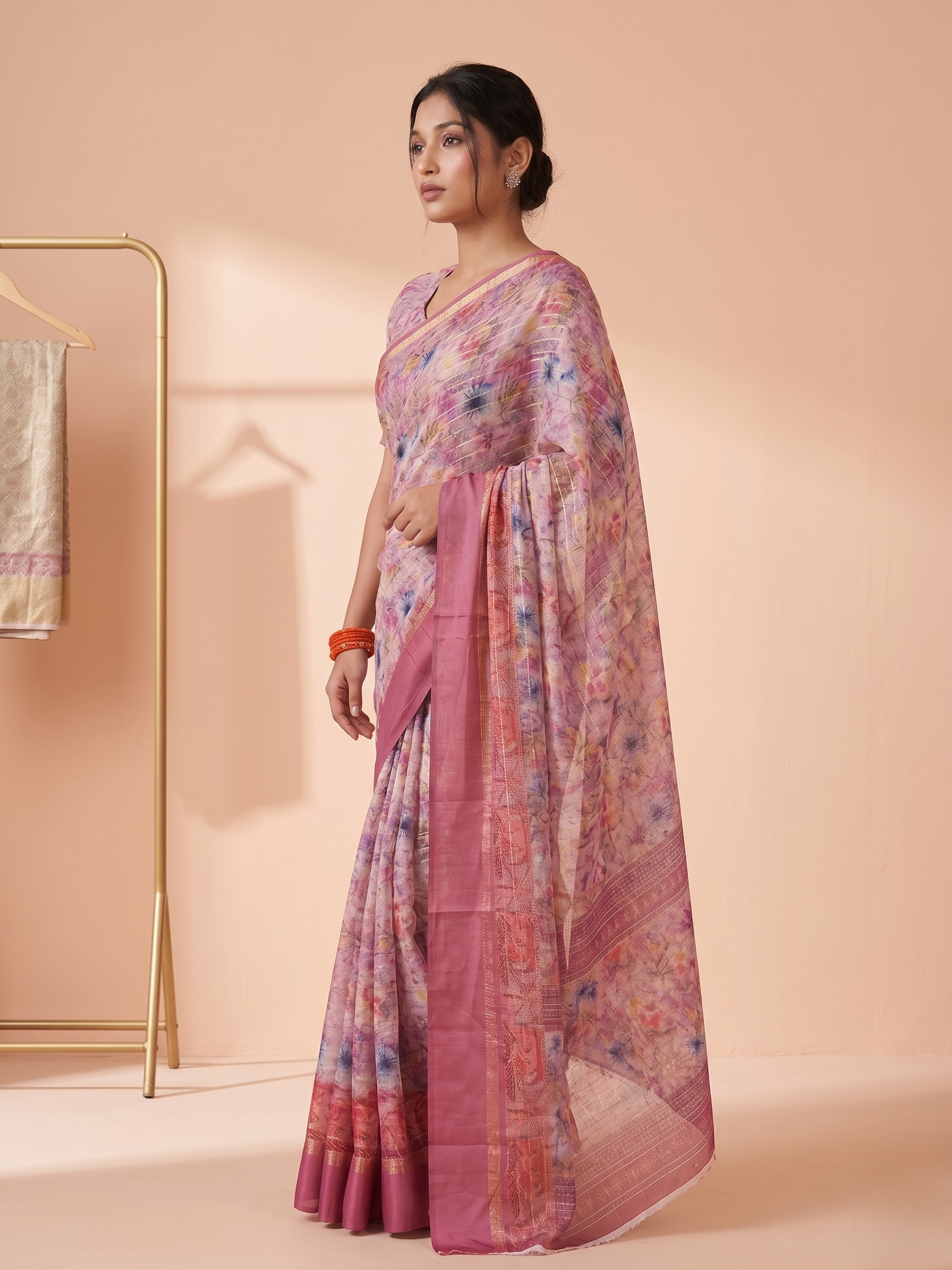 Royal Heritage Green Dull Moss Satin Jari Saree – Intricate Traditional Print with Rich Border