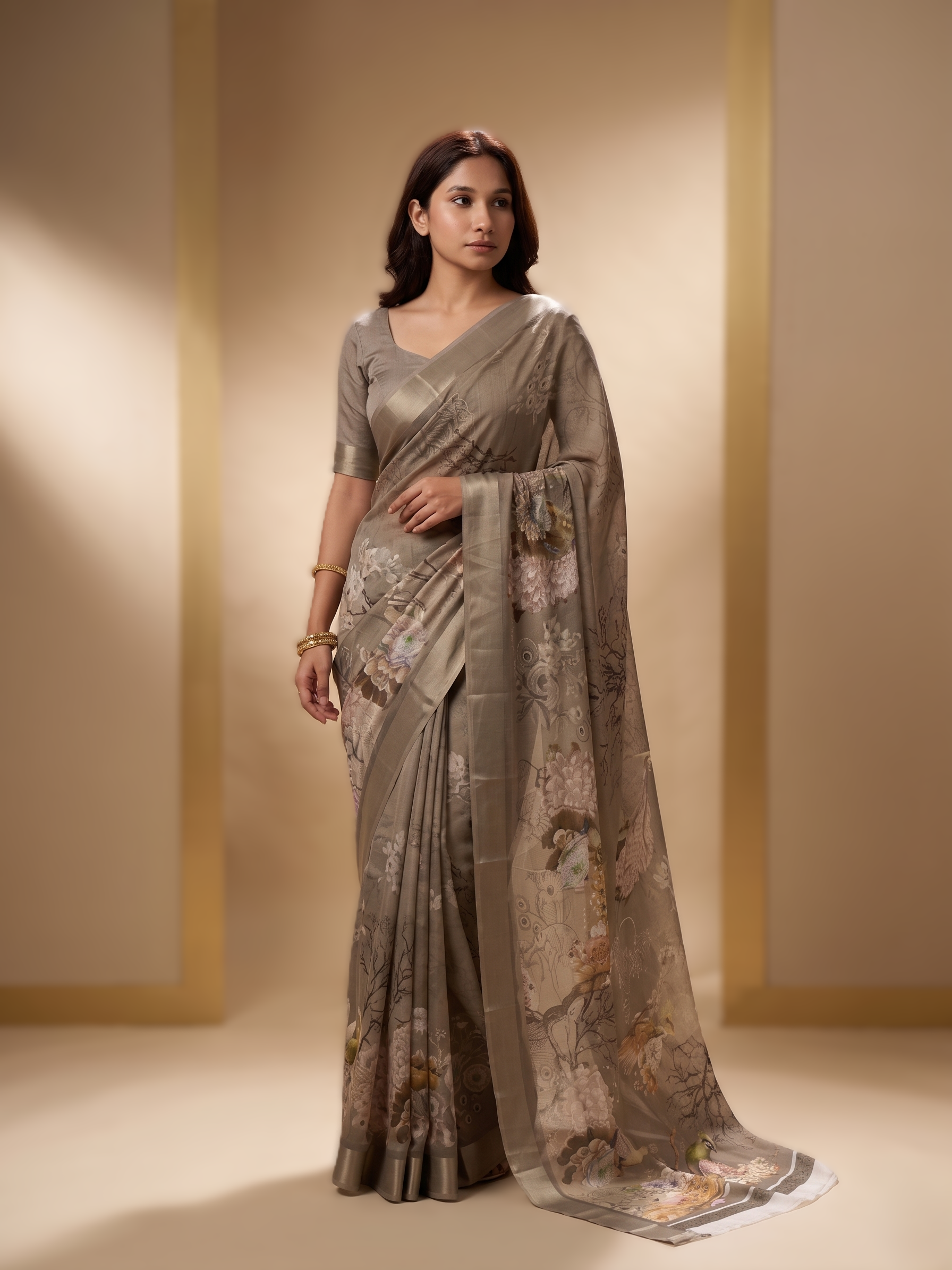 Elegant Dull Moss Satin Saree with Detailed Vintage Peacock and Botanical Digital Print