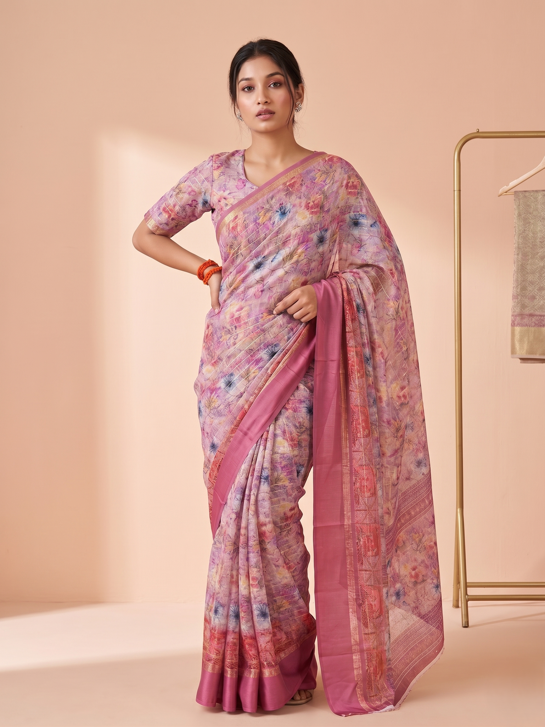 Royal Heritage Green Dull Moss Satin Jari Saree – Intricate Traditional Print with Rich Border